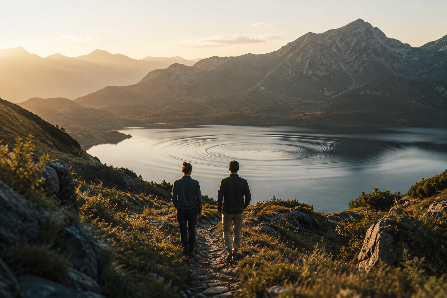 Zwei Menschen auf einem Bergpfad mit Blick auf einen ruhigen Bergsee